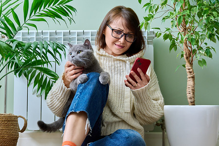 家里的女人用智能手机，在暖气片附近和猫一起取暖