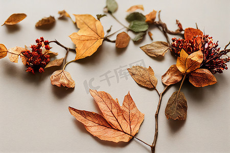 秋季组合物 干叶、花、白色罗文浆果