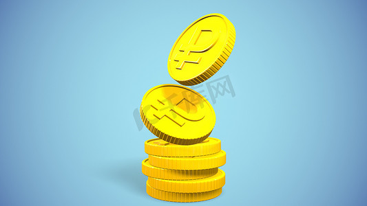 背景 3d 渲染上突出显示卢布标志的金币