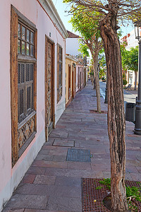 安静街道摄影照片_西班牙拉帕尔马圣克鲁斯一条安静的街道上，城市景观铺有树木和住宅或建筑物的人行道。