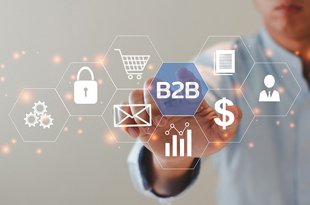 商人触摸虚拟屏幕图标 B2B 企业对企业图标和符号。商务技术营销理念。