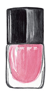 化妆品水彩摄影照片_水彩手绘粉色指甲油瓶，带黑色帽子，白色背景隔离