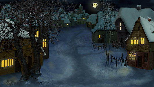 冬天的夜晚，村庄插画