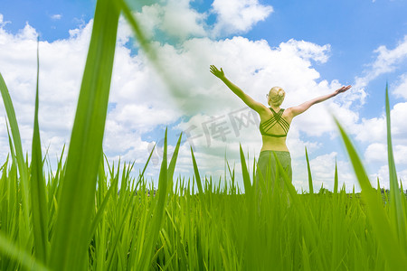 轻松健康的运动女性，双臂举向天空，在巴厘岛美丽的绿色稻田中享受纯净的大自然。