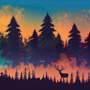 天然森林山地平线树木、鹿、日出和日落