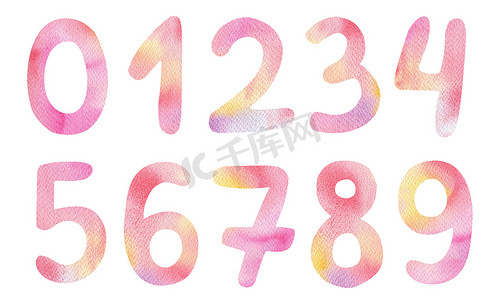 水彩粉红色渐变数字设置隔离在白色背景