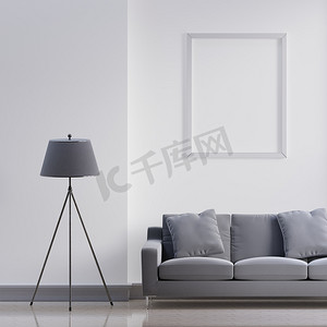 白色冲浪板摄影照片_白色和灰色色调客厅家居装饰概念背景的豪华现代内饰。