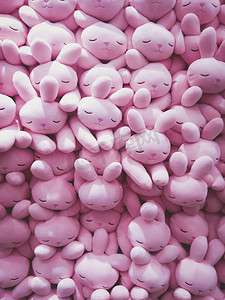 粉红兔子玩具娃娃商店货架展示。粉红色背景。