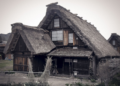 白川湖传统房屋。联合国教科文组织遗产村。旅游景点。日本民间建筑。屋顶特色设计。