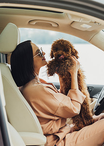 狗爪子摄影照片_黑发年轻女子是红发狗玩具贵宾犬的快乐主人，成年女孩带着四只爪子宠物坐在车里