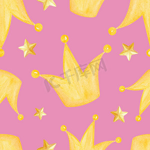 公主黄冠​​和星星无缝图案粉红色背景。