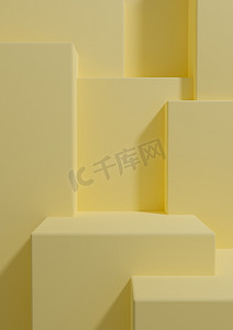 几何温暖摄影照片_温暖、明亮、明亮、柔和的黄色 3D 渲染产品展示壁纸，带讲台或在简单、最小、抽象、几何产品摄影背景上站在一两个奢侈品的前面