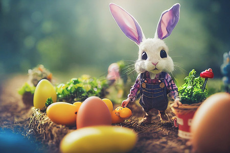 可爱的手绘兔子摄影照片_3D 渲染可爱的小兔子农民穿着工作服在花园里满是蔬菜和复活节彩蛋