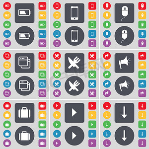 电池、智能手机、鼠标、窗口、叉子和刀、扩音器、手提箱、媒体播放、向下箭头图标符号。