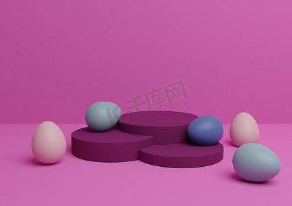 彩蛋组合摄影照片_明亮的洋红色、霓虹粉红色 3D 渲染复活节主题产品展示台或展台组合，彩蛋最小，简单，适用于多种产品
