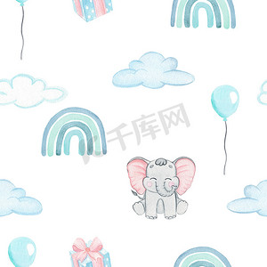 水彩蓝色彩虹和大象在白色背景上的云无缝图案，用于婴儿纺织品、面料、苗圃壁纸、包装、封面、海报