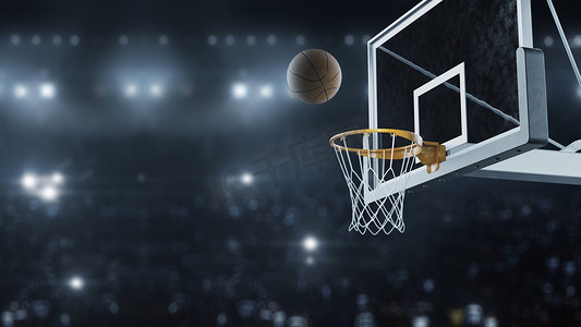 篮球3d摄影照片_3d 渲染篮球在相机闪光的背景下以慢动作击中篮筐