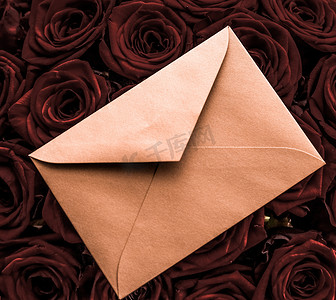 情人节送情书和鲜花、奢华玫瑰花束和巧克力背景卡片，打造浪漫假日设计