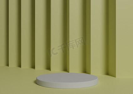 简单、最小的 3D 渲染组合，带有一个白色圆筒讲台或站在抽象浅柑橘淡黄色背景上用于产品展示