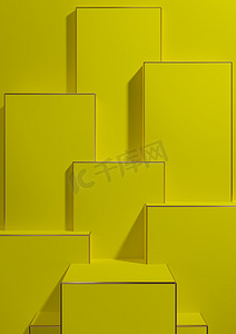 明亮的霓虹黄色 3D 渲染简单、最小、几何背景产品展示基座金色线条用于产品广告壁纸模板