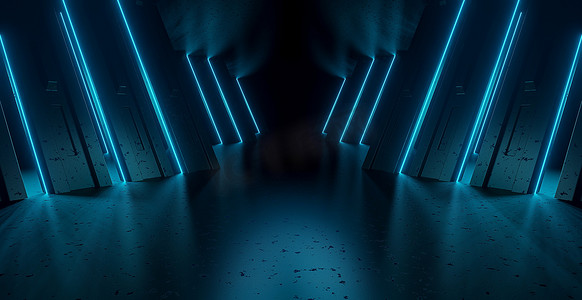 科幻现代金属陈列室汽车车库空走廊深蓝色说明性横幅背景壁纸，带有文本空间用于图形设计 3D 插图