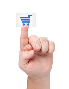 透明手指图标摄影照片_手指按下带有图标购物车的按钮。