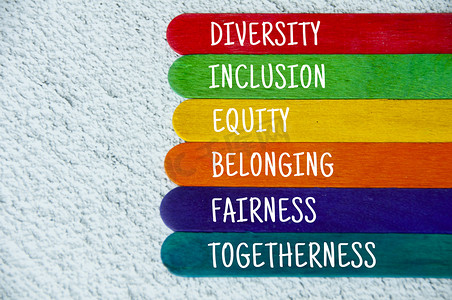 彩色木棍上的多样性、包容性、平等、归属、公平和团结文字 — 商业文化概念。