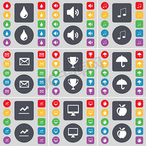 水滴、声音、注释、消息、杯子、雨伞、图形、监视器、苹果图标符号。