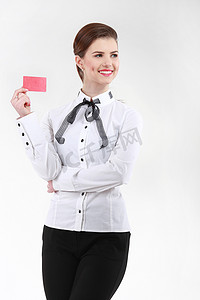 会员卡摄影照片_微笑的女商人与空白的商业徽章隔离在 wh