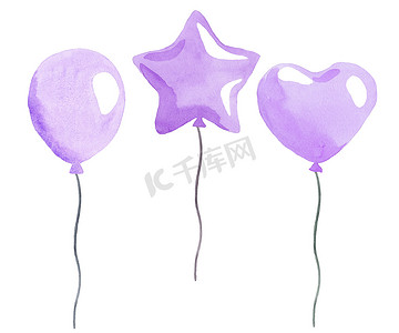 白色背景上的水彩紫色气球。