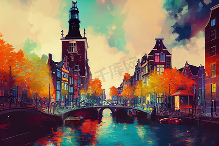 阿姆斯特丹抽象城市二维动漫插画