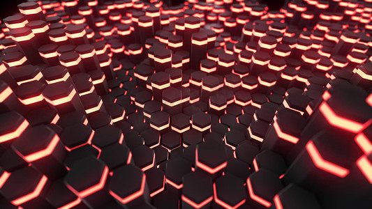 3D渲染抽象六边形与霓虹灯几何背景