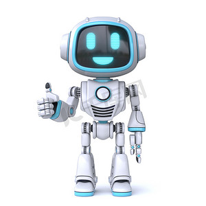 可爱的蓝色机器人竖起大拇指3D