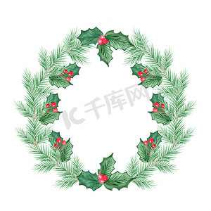 十二月花卉摄影照片_水彩绿色云杉花环与冬青隔离在白色背景的圣诞贺卡和装饰