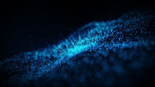 抽象的蓝色发光粒子在外太空背景中燃烧。 