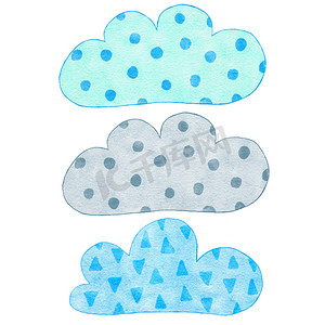 水彩手绘蓝灰色可爱云彩的插图。