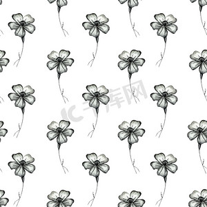 花卉黑白手绘摄影照片_手绘万寿菊花的无缝模式。