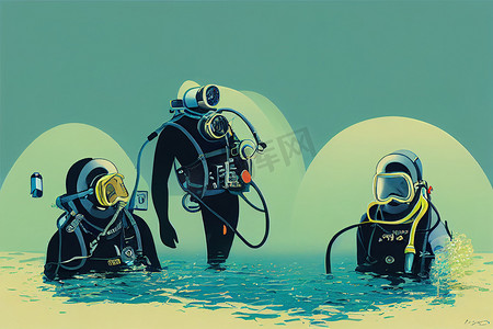 商业潜水员，卡通插图