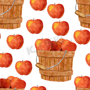 水彩手绘无缝图案与成熟收获红苹果在桶篮中。