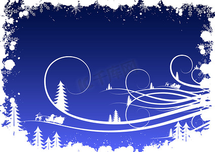 圣诞老人轮廓摄影照片_垃圾冬季背景与枞树雪花和圣诞老人