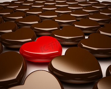 巧克力心和红心 3D 渲染。