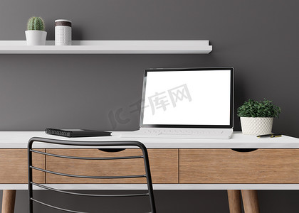 在家或办公室的木桌上有空白白色屏幕的笔记本电脑。