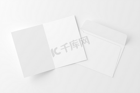 信封折叠摄影照片_A4 A5 折叠邀请卡带信封 3D 渲染白色空白样机