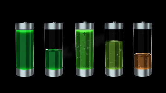电池充电图标摄影照片_3d 渲染生态电池充电，黑色背景上带有绿色液体充电水平指示器