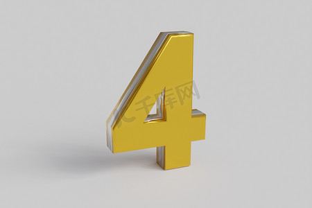 字母四 3D 渲染金色字体与银色轮廓隔离白色背景。