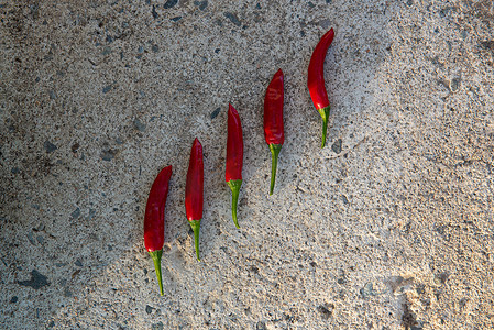 许多小红辣椒特写，躺在阴影和阳光之间的石头背景上。