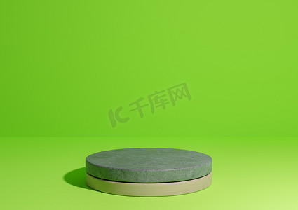 明亮的霓虹绿 3D 渲染简单的产品展示，自然的最小背景，带有由混凝土和木材制成的自然产品圆柱讲台架
