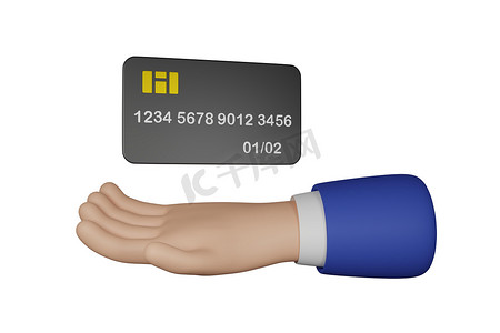 3D 卡通商人人物手握一张在白色背景上隔离的信用卡。
