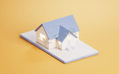 房子卡通房子摄影照片_3D 卡通房子与手机，3D 渲染。