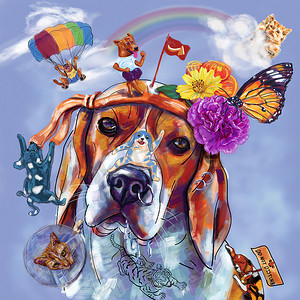 降落伞动画摄影照片_具有有趣动画特征的比格犬头数字绘画